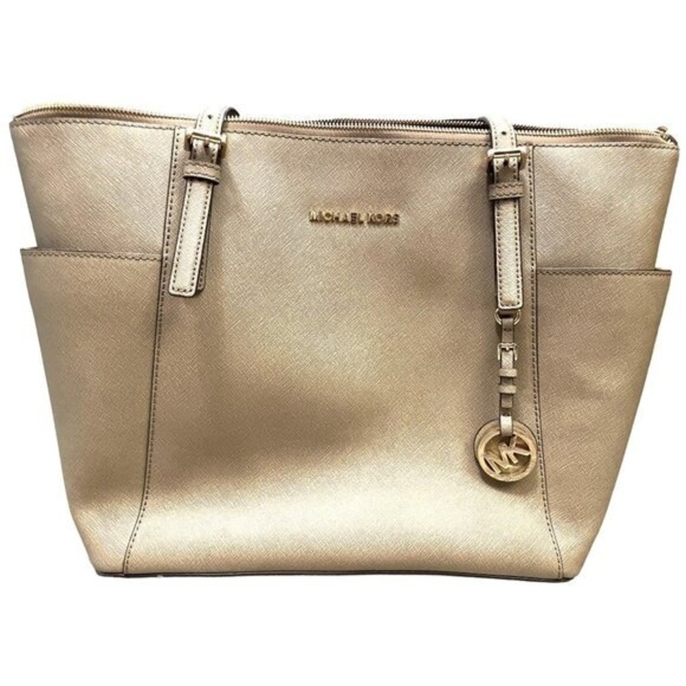 Michael Kors Large Tote Purse Bag Saffiano Leather Outside Pockets Zip Gold Tone